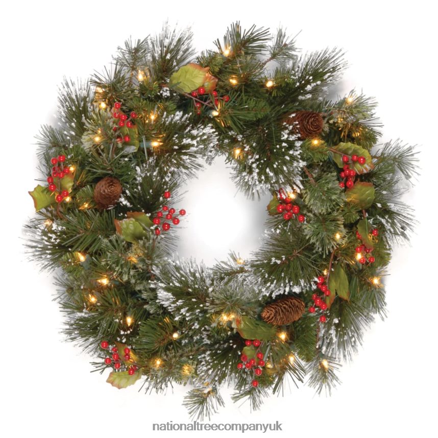 Greenery | National Tree Company Pre-Lit Artificial Christmas Wreath Green Crestwood Spruce White Lights Decorated with Pine Cones Berry Clusters Frosted Branches Christmas Collection 24 Inche